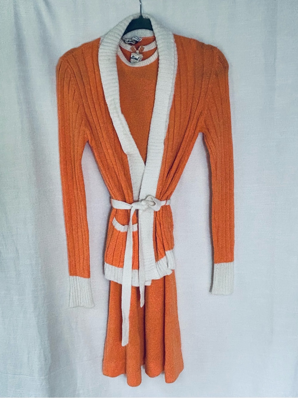 True Vintage Circa 1960's/70's Ribbed Wrap Sweater Cardigan and Dress SET